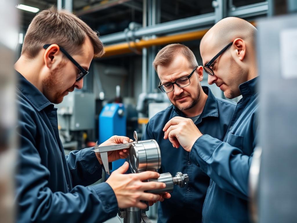 FORALL engineers inspecting a precision machined component